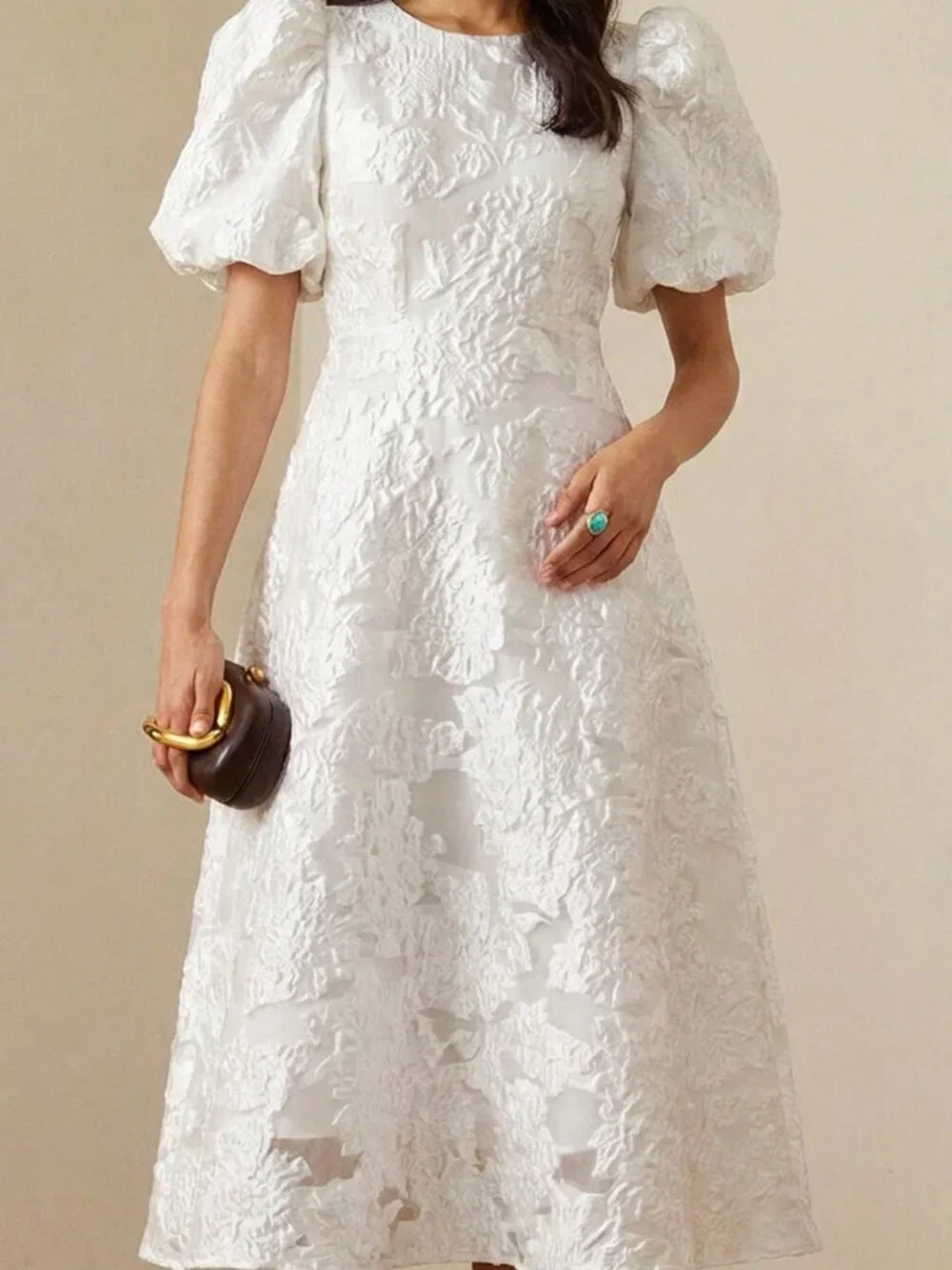 White Preppy Women's Romantic Rose 3D V-Neck Petal Sleeve Cinched Waist Dress